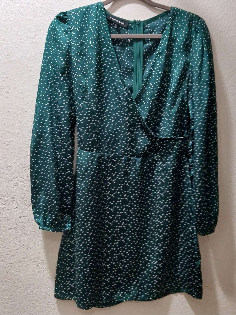 Parisian Works Emerald Green Long-Sleeve Dot Wrap Dress
